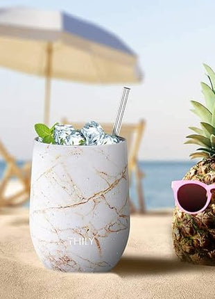 THILY Stainless Steel Stemless Wine Glass Triple Vacuum Insulated Tumbler Travel Cute Cup with Lid, Reusable Straw, Keep Cold & Hot for Wine, Coffee, Xmas Gift, Gold Marble