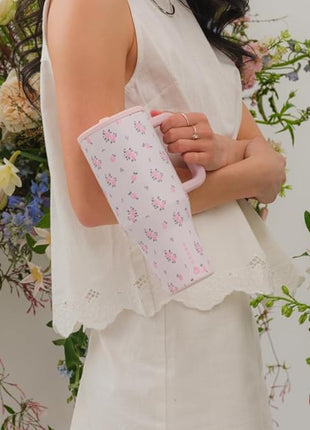 HydroJug Traveler - 32 oz Water Bottle with Handle & Flip Straw - Fits in Cup Holder, Leak Resistant Tumbler-Reusable Insulated Stainless Steel & Rubber Base - Gifts for Women & Men, Wildrose