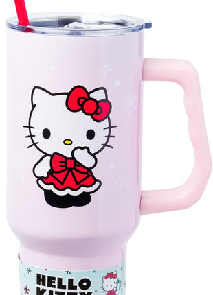 Silver Buffalo Sanrio Hello Kitty Christmas Holiday Dress and Matching Bow Snowflakes Stainless Steel Tumbler with Handle and Straw, Fits in Standard Cup Holder, 40 Ounces