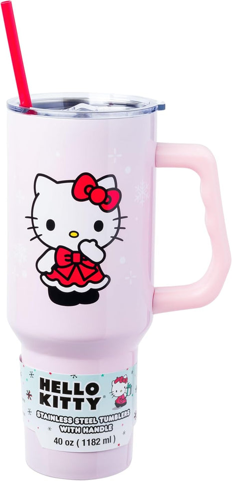 Silver Buffalo Sanrio Hello Kitty Christmas Holiday Dress and Matching Bow Snowflakes Stainless Steel Tumbler with Handle and Straw, Fits in Standard Cup Holder, 40 Ounces