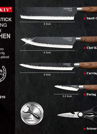 6 Pieces Professional Kitchen Knives Set With Giftbox, High Carbon Stainless Steel Forged Kitchen Knife Set, Sharp Chef Knife Set For Chef Cooking Paring Cutting Slicing (High Carbon Black)