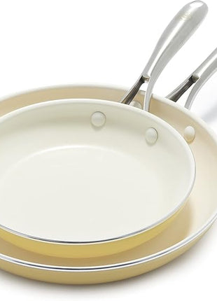 GreenLife Artisan Healthy Ceramic Nonstick, 8" and 10" Frying Pan Skillet Set, Stainless Steel Handle, Induction, PFAS-Free, Dishwasher Safe, Oven Safe, Yellow