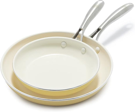 GreenLife Artisan Healthy Ceramic Nonstick, 8" and 10" Frying Pan Skillet Set, Stainless Steel Handle, Induction, PFAS-Free, Dishwasher Safe, Oven Safe, Yellow