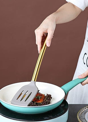 Berglander Non-stick Silicone Slotted Turner with Titanium Gold Plated Handle for Cooking, Dishwasher Safe, Easy to Clean
