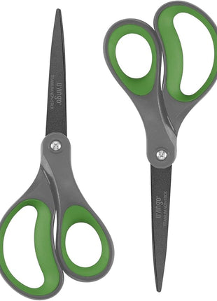 LIVINGO Sharp Scissors All Purpose - 2 Pack 8 Inch Titanium Coated Non Stick Steel Shears Heavy Duty for Office Home School Sewing Crafting Cutting Paper Fabric, Comfortable Grip (Gray & Green)