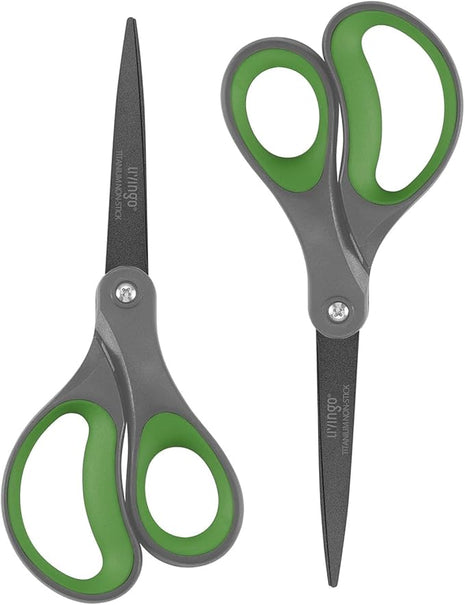 LIVINGO Sharp Scissors All Purpose - 2 Pack 8 Inch Titanium Coated Non Stick Steel Shears Heavy Duty for Office Home School Sewing Crafting Cutting Paper Fabric, Comfortable Grip (Gray & Green)