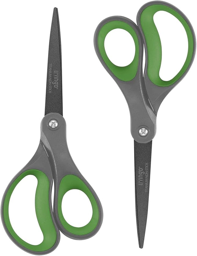 LIVINGO Sharp Scissors All Purpose - 2 Pack 8 Inch Titanium Coated Non Stick Steel Shears Heavy Duty for Office Home School Sewing Crafting Cutting Paper Fabric, Comfortable Grip (Gray & Green)