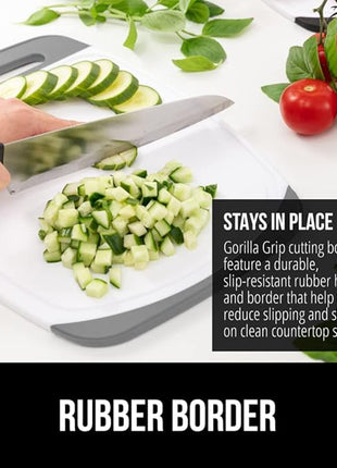 GORILLA GRIP BPA-Free Reversible Kitchen Cutting Board Set of 3, Nonporous, Juice Grooves to Catch Liquid, Slip Resistant Handle Border, Dishwasher Safe, Durable Large Food Chopping Boards, Gray