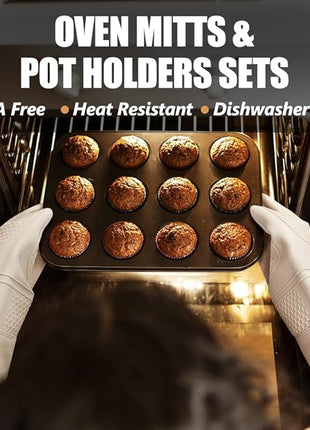 Rorecay Oven Mitts and Pot Holders Sets 6pcs, Extra Long Kitchen Silicone Oven Gloves High Heat Resistant 500 Degrees Non-Slip Potholders Hot Pads for Baking Cooking, Milkshake