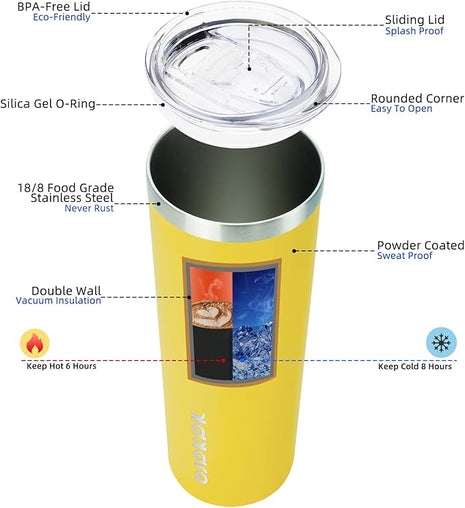 BJPKPK Yellow Skinny Stainless Steel Tumblers 20 oz Vacuum Insulated Reusable Tall Coffee Travel Tumbler Cup with Lid
