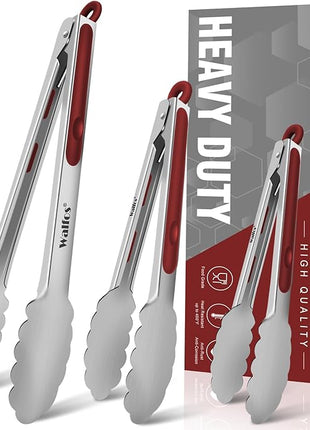 Walfos Stainless Steel Kitchen Tongs - 7, 9 & 12 Inch Heavy Duty Locking Metal Tongs for Cooking, BBQ Grilling, Set of 3 Non-Slip Grip (Wine Red)
