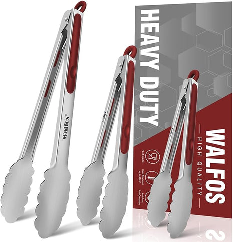 Walfos Stainless Steel Kitchen Tongs - 7, 9 & 12 Inch Heavy Duty Locking Metal Tongs for Cooking, BBQ Grilling, Set of 3 Non-Slip Grip (Wine Red)