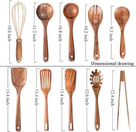 10 Pack Wooden Utensils for Cooking, Wood Utensil Set for Kitchen, Teak Wooden Spoon for Cooking, Non-Stick Spatula Ladle