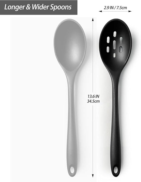 Silicone Slotted Spoons for Cooking - Extra Large Kitchen Spoons for Mixing, Serving, & Stirring - 600°F Heat-Resistant Non Stick Utensils Skimmer- Dishwasher Safe, Black