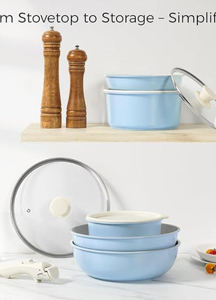 15Pcs Pots and Pans Set Non Stick, Cookware Sets with Detachable Handle, Nonstick RV Kitchen Cooking Tools Removable Handles, Oven Safe, Induction Fast, Stackable Induction Cookware, Blue