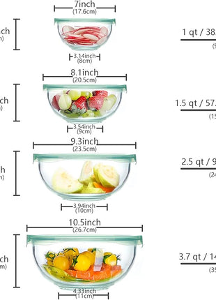 WhiteRhino Glass Mixing Bowl with Lids Set of 4,(1,1.5,2.5,3.7) Large Salad Bowl,Space-Saving Stacking Bowl for Kitchen Food Storage,Glass bowl for Cooking,Baking