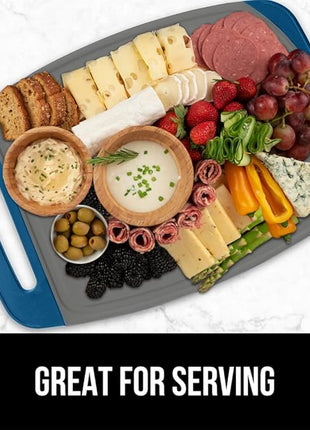 GORILLA GRIP BPA-Free Reversible Kitchen Cutting Board Set of 3, US Designed, Nonporous, Juice Grooves Catch Liquid, Slip Resistant Border, Dishwasher Safe, Durable Food Chopping Boards, Blue Gray