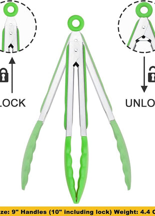 Silicone Tongs 9-Inch Stainless Steel Locking Kitchen Tongs, Set of 3 (Green)