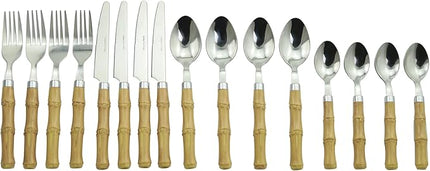 The Original Brink House Beyond Bamboo Stainless Steel Cutlery Set with Naturalistic Bamboo Handles / 16 pieces with Metal Stand, Lifestyle utensils set for home, first apartment, dorm, outdoor events