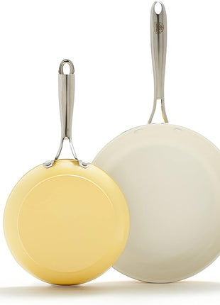 GreenLife Artisan Healthy Ceramic Nonstick, 8" and 10" Frying Pan Skillet Set, Stainless Steel Handle, PFAS-Free, Dishwasher Safe, Oven Safe, Yellow