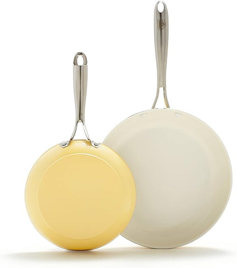 GreenLife Artisan Healthy Ceramic Nonstick, 8" and 10" Frying Pan Skillet Set, Stainless Steel Handle, PFAS-Free, Dishwasher Safe, Oven Safe, Yellow