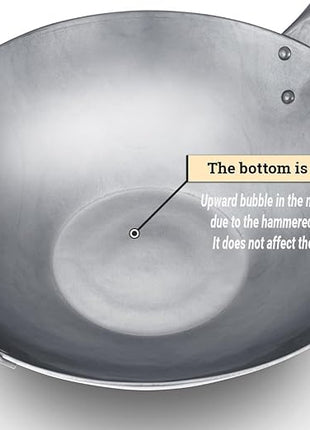 Craft Wok Flat Hand Hammered Carbon Steel Pow Wok with Wooden and Steel Helper Handle (12 Inch, Flat Bottom) / 731W316-12in