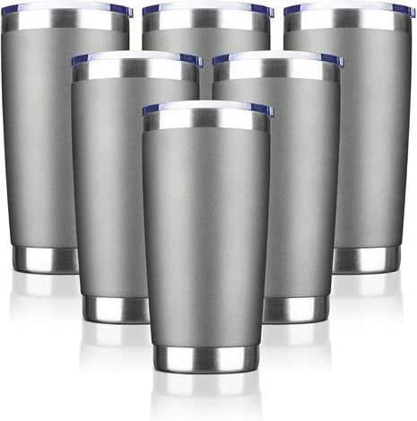 20oz Tumbler Bulk Stainless Steel Vacuum Insulated Tumblers with Lid Double Wall Travel Mug, Durable Powder Coated Coffee Cup, Suitable for Ice Drinks and Hot Beverage (Gray 6pack)