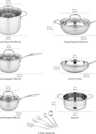 Amazon Basics Stainless Steel Cookware 15-Piece Set, Oven Safe, Pots and Pans, Induction-Ready, Even Heating, Easy to Clean, Heavy Duty, Silver
