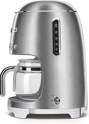 Smeg 50's Retro Style Aesthetic Drip Coffee Machine with 10 Cup Glass Carafe, Auto Start Feature, Keep Warm Plate, and Two Coffee Strength Settings (Brushed Stainless Steel)
