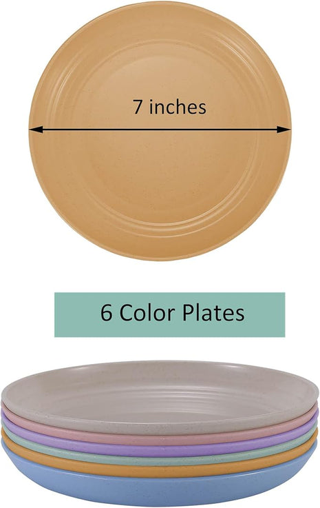 LuckyZone 7 Inches Small Unbreakable Wheat Straw Plates - Reusable Plate Sets of 6 - Dishwasher & Microwave Safe - Healthy, BPA Free & Eco-Friendly (7 Inches/6Color)