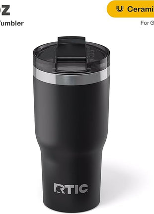 RTIC 20oz Essential Tumbler with Lid, Ceramic Lined, Insulated, Stainless Steel, Metal, Double Wall Vacuum-Insulation, Travel Cup for Iced Coffee, Tea, Hot and Cold Drink, Black