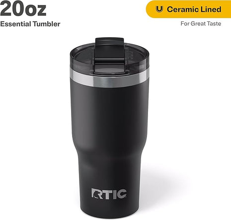 RTIC 20oz Essential Tumbler with Lid, Ceramic Lined, Insulated, Stainless Steel, Metal, Double Wall Vacuum-Insulation, Travel Cup for Iced Coffee, Tea, Hot and Cold Drink, Black