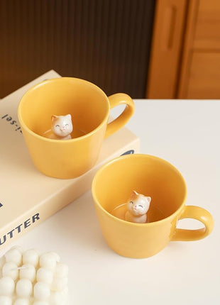 DIHOclub Cat Coffee Cup Hidden Ceramic Animal Inside Mug,Cute Cartoon Handmade Figurine Mugs,Holiday and Birthday Gift for Coffee Milk Tea Lovers,12 Oz(yellow)