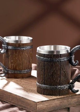 Arola Handmade Wooden Barrel Beer Mug, Stainless Steel Vintage Beer Cup, Medieval Drinkware Mug for Coffee/Beverage/Juice17oz Gift for Men.