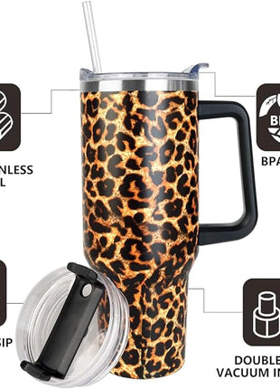 SYACOT 40 oz Tumbler with Handle and Straw Stainless Steel Insulated Tumbler Leak Proof Lid and Straw Lid Reusable Travel Mug Coffee Mug Cup Dishwasher Safe Keep Drinks Cold and Hot (Leopard)
