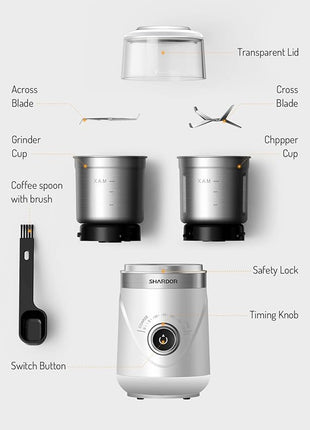 SHARDOR Electric Super Silent Blade Coffee Grinder, Timed Grind Control Rotary Knob, Adjustable Coarse to Fine for Coffee Beans, Spices & Herbs, with 2 Removable Stainless Steel Bowl, White