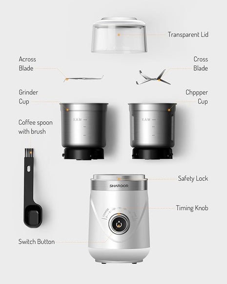 SHARDOR Electric Super Silent Blade Coffee Grinder, Timed Grind Control Rotary Knob, Adjustable Coarse to Fine for Coffee Beans, Spices & Herbs, with 2 Removable Stainless Steel Bowl, White