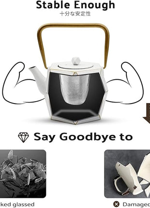 Toptier Cast Iron Teapot, Stovetop Safe Japanese Cast Iron Tea Kettle, Diamond Design Tea Pot with Removable Infuser for Loose Tea, 30 Ounce (900 ml), White
