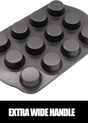 12+24 Muffin Pan Set (2 Pack) - Nonstick Cupcake Tins Dark Gray | Heavy Duty Carbon Steel, Rustproof, Oven Safe Baking Gift