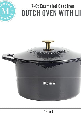 MARTHA STEWART Gatwick 7-Quart Enamel Cast Iron Dutch Oven Pot with Lid – Navy Blue with Gold Knob – Durable Heavy-Duty Dutch Oven for Slow Cooking & Braising