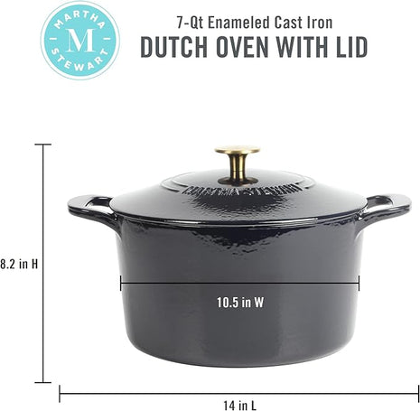 MARTHA STEWART Gatwick 7-Quart Enamel Cast Iron Dutch Oven Pot with Lid – Navy Blue with Gold Knob – Durable Heavy-Duty Dutch Oven for Slow Cooking & Braising