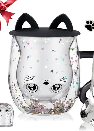 Gifts for Women Cat Gifts Double Walled Glass Coffee Latte Cup Cute Stuff Black Cat Mug Gifts for Her Christmas Stocking Fillers,Birthday,Valentines,Halloween Presents for Women,Men,Kid,Mum,Teacher