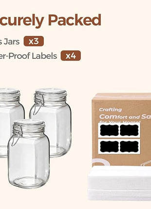 ComSaf Airtight Glass Canister Set of 3 with Lids 51oz Clear Food Storage Jars Square, Kitchen & Pantry Organization Food Storage Container for Canning, Sugar, Flour, Pasta, Candy, Cereal, Coffee