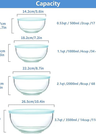 WhiteRhino 8 Piece Glass Bowls with Lids, Heat Resistant Glass Mixing Bowls Set (3.7QT, 2.1QT, 1.1QT, 0.53QT), Clear Salad Bowls with BAP-Free Lids for Kitchen, Oven Microwave Dishwasher Safe