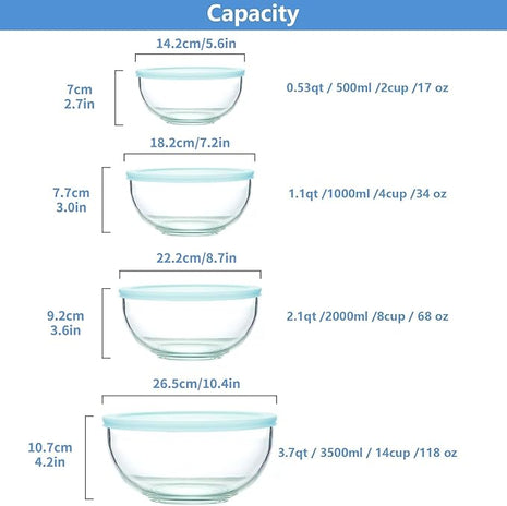 WhiteRhino 8 Piece Glass Bowls with Lids, Heat Resistant Glass Mixing Bowls Set (3.7QT, 2.1QT, 1.1QT, 0.53QT), Clear Salad Bowls with BAP-Free Lids for Kitchen, Oven Microwave Dishwasher Safe