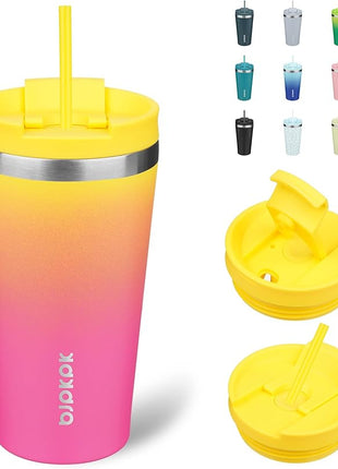 BJPKPK 18oz Stainless Steel Insulated Tumbler With lid And Straw Travel Coffee Thermal Tumblers Cup For Women And Men,Pink Yellow Rose