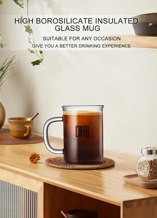 2pcs Set Glass Coffee Mugs 15oz Bell Mouth Glass Coffee Cups Clear Large Tea Cups,Cute Coffee Bar Accessories,Iced Coffee Glasses,Lead-Free Glass Cups for Water,Latte,Milk-Flat Bottomed Design