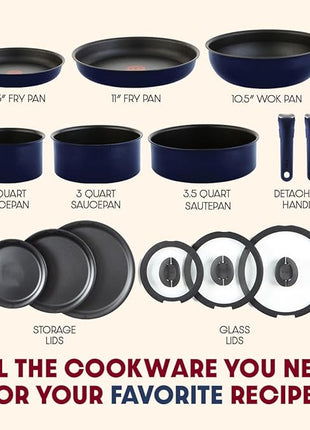 T-fal Ingenio Expertise Non Stick Cookware Set 14 Piece, Induction Oven Broiler Safe 500F, Detachable/Removable Handle, Kitchen, Pots and Pans, RV, Camping, Fry Pans, Saucepans, Dishwasher Safe, Blue