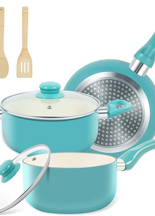 Pots and Pans Set, 7 Piece Nonstick Ceramic Cookware Set, Kitchen Induction Cookware Sets, Pots and Pans Non Stick with Stay Cool Handle, 100% PFOA Free, Turquoise