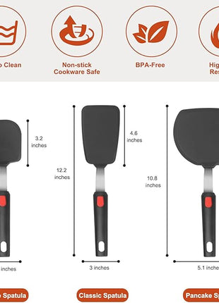 Hotec Silicone Spatula Turner for Nonstick Cookware, Cooking Spatulas 600°F Heat Resistant Large Flexible Rubber Spatula Set of 3, Kitchen Utensils for Flipping Eggs, Burgers, Pancakes, Crepes